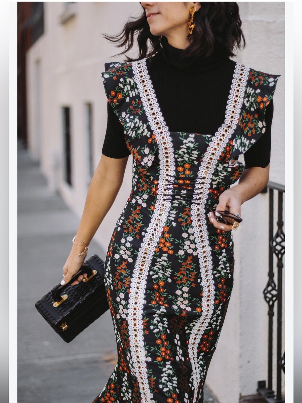 NWT Keepsake Floral Lace-Trim Navy Midi Dress